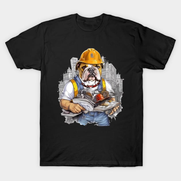 Accountant English Bulldog t-shirt design, a bulldog wearing a hard hat and holding a blueprint T-Shirt by teestore_24